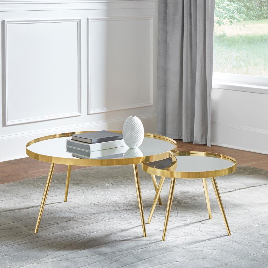 Kaelyn 2-piece Round Mirror Top Nesting Coffee Table Gold-zoom-2