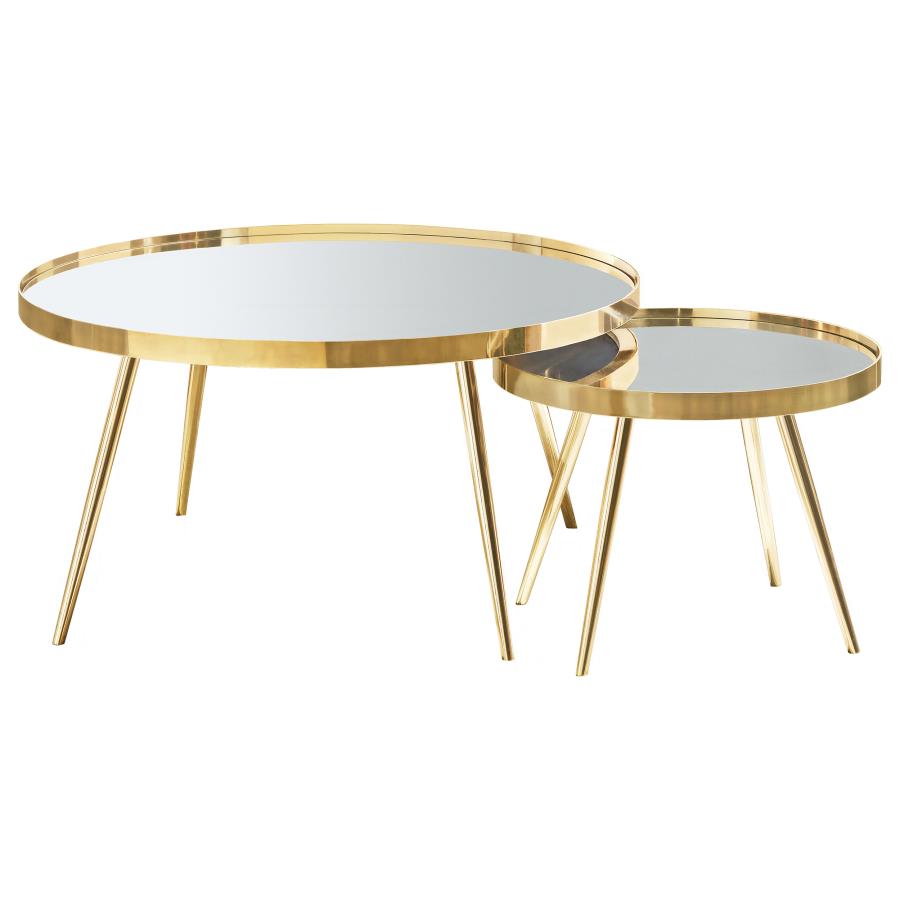 Kaelyn 2-piece Round Mirror Top Nesting Coffee Table Gold-1