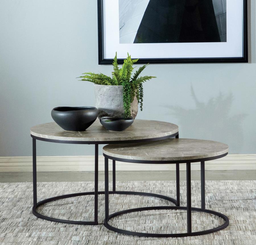 Lainey 2-piece Round Faux Marble Nesting Coffee Table Grey-2