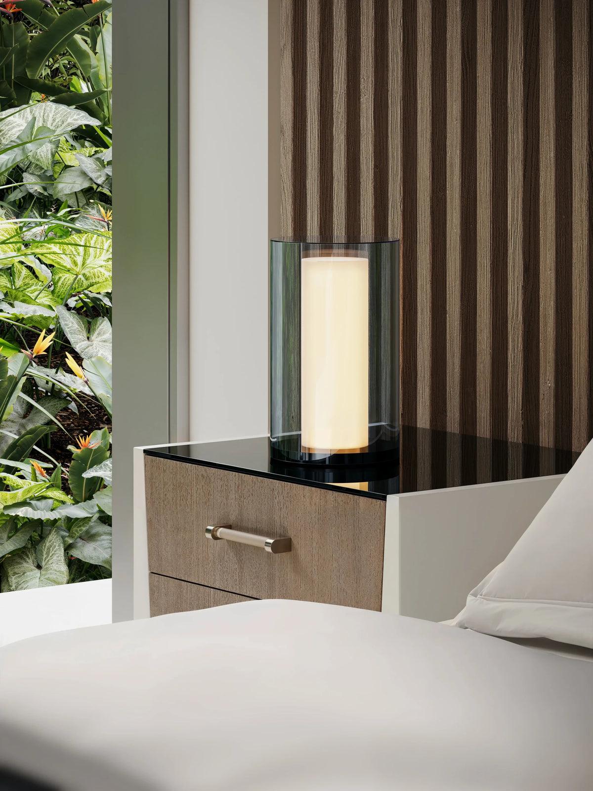 Caracole Counter Balance Nightstand – room setting – Lusso Furniture Miami