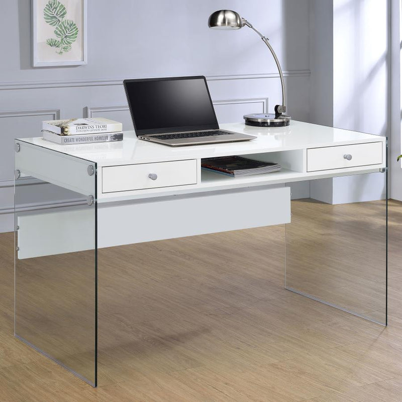 Dobrev 48-inch 2-drawer Writing Desk White High Gloss-zoom-