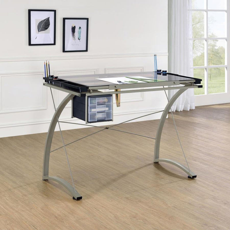 Melo 41-inch Glass Top Drafting Table with Storage Silver-zoom-