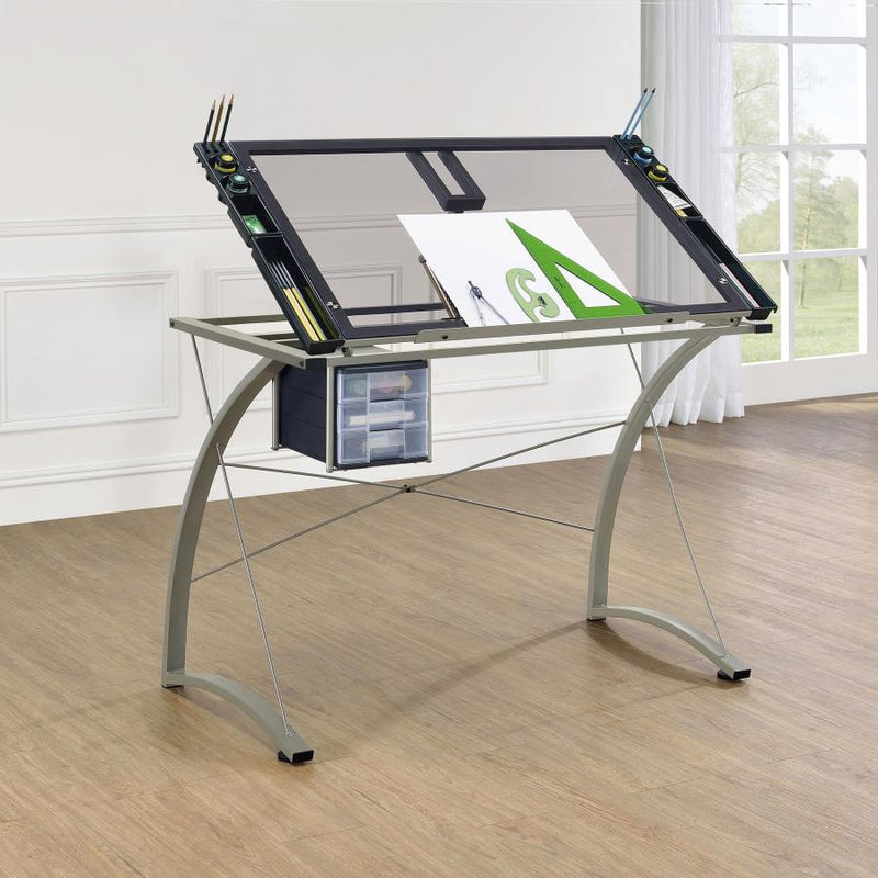 Melo 41-inch Glass Top Drafting Table with Storage Silver-zoom-