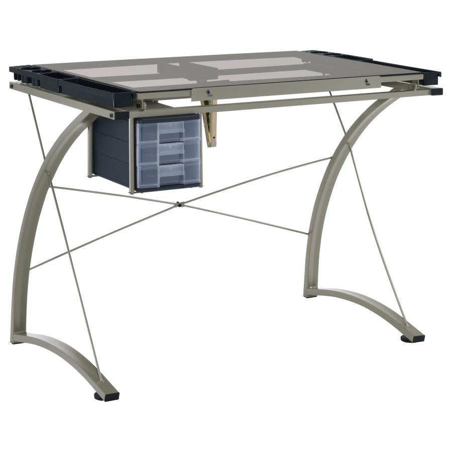 Melo 41-inch Glass Top Drafting Table with Storage Silver-zoom-1