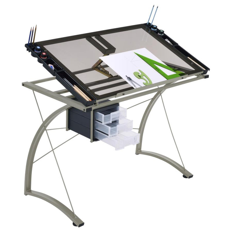 Melo 41-inch Glass Top Drafting Table with Storage Silver-zoom-