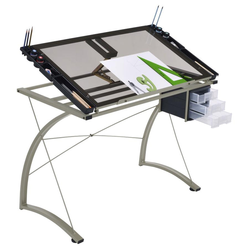 Melo 41-inch Glass Top Drafting Table with Storage Silver-zoom-