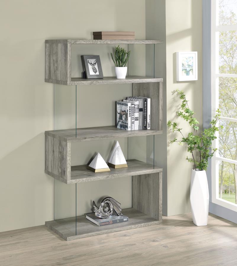 Emelle 63-inch 4-shelf Glass Panel Bookshelf Grey Driftwood-zoom-2