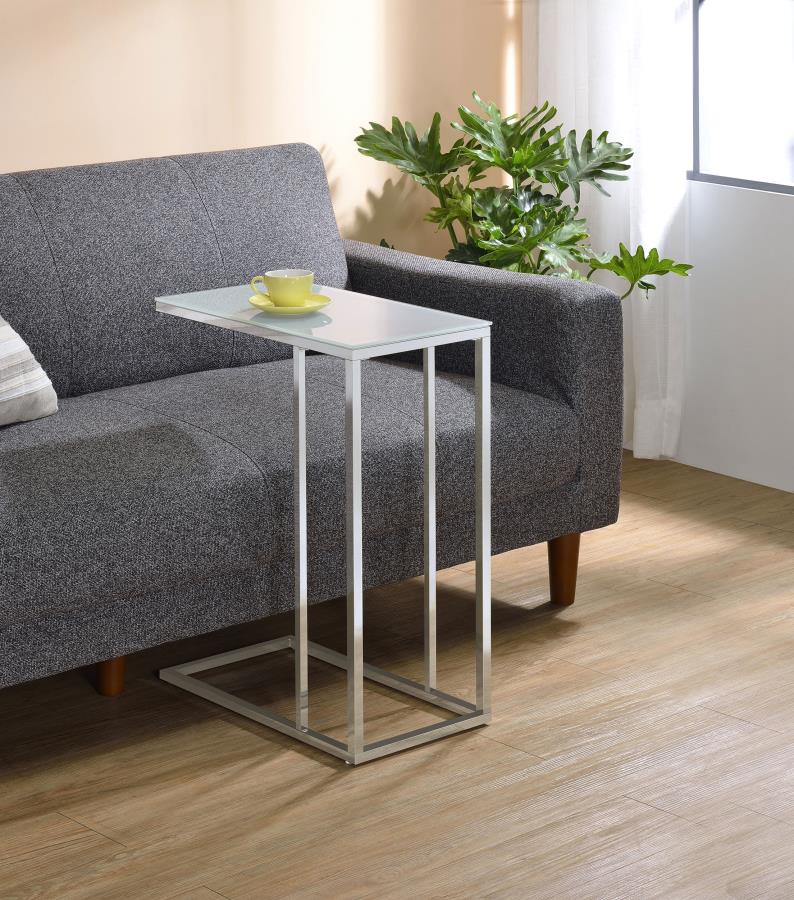 Stella White Glass Top C-Shaped Sofa Side Table Chrome-2