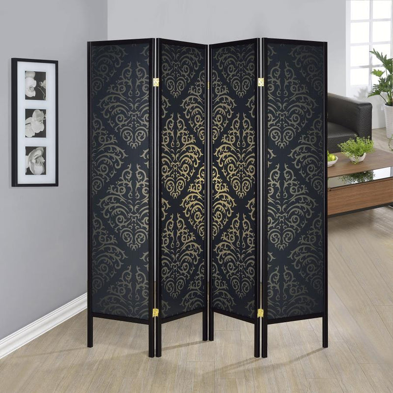 Haidera 4-Panel Room Divider Folding Screen Black Damask-zoom-