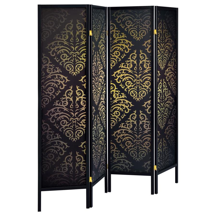 Haidera 4-Panel Room Divider Folding Screen Black Damask-1