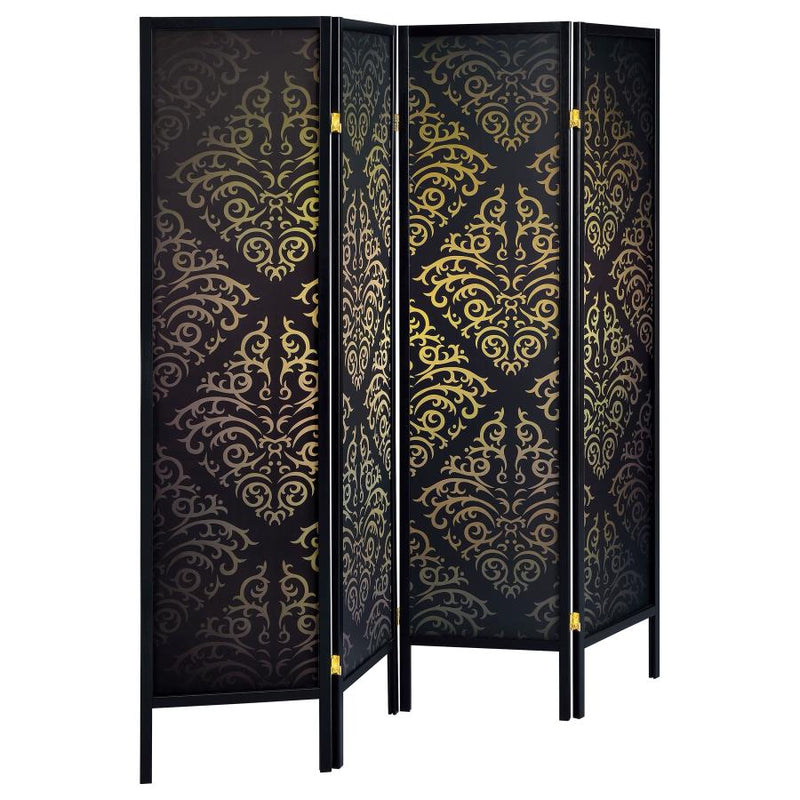 Haidera 4-Panel Room Divider Folding Screen Black Damask-zoom-