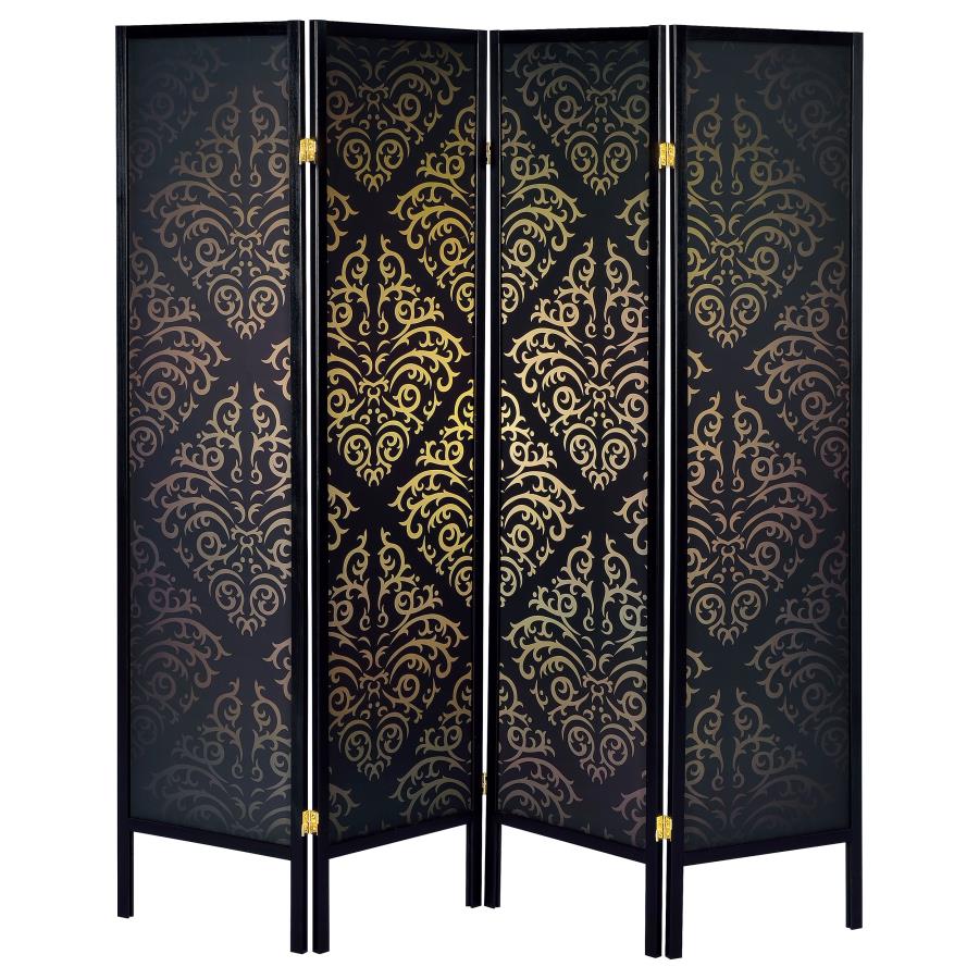 Haidera 4-Panel Room Divider Folding Screen Black Damask-3