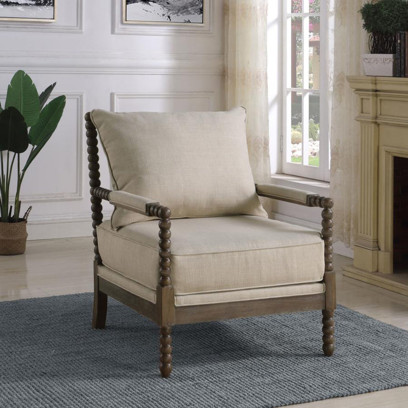 Blanchett Upholstered Bobbin Accent Chair Beige and Distressed Brown-zoom-