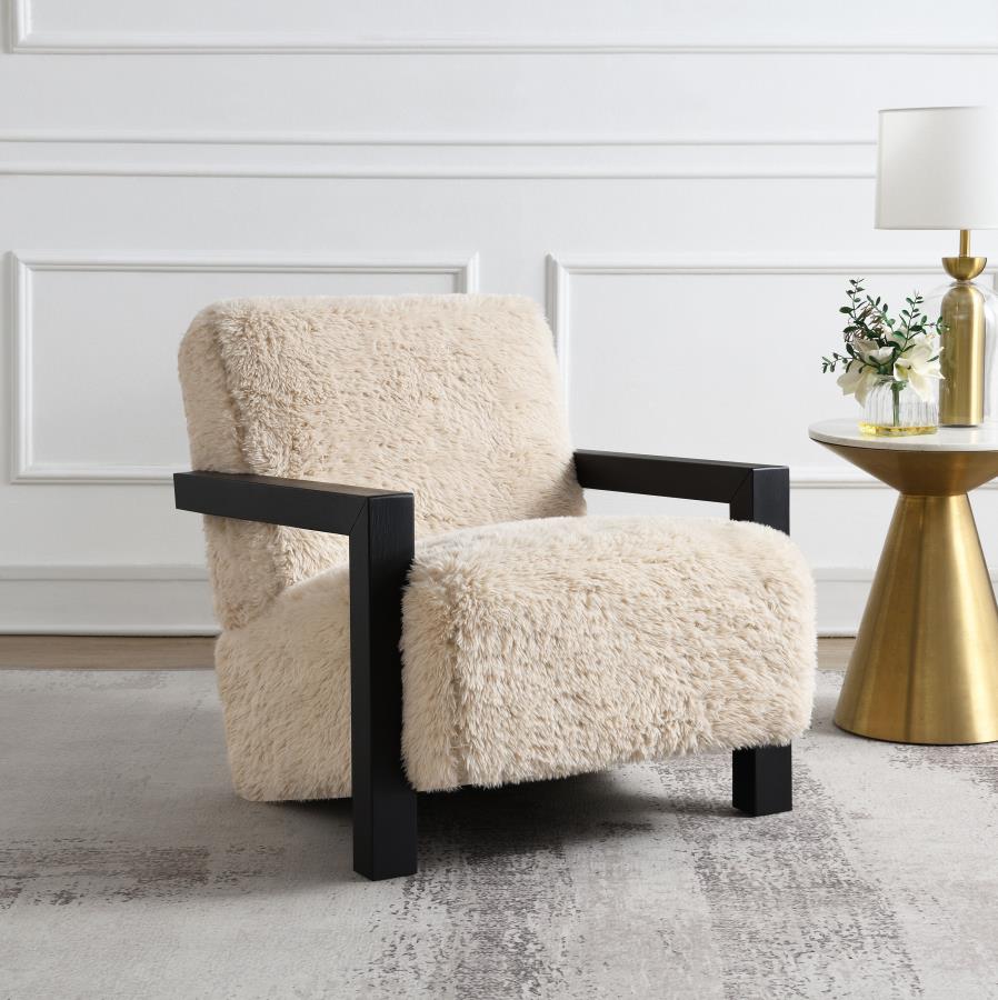 Fitzroy Faux Fur Upholstered Chair Solid Wood Arms Latte-zoom-2