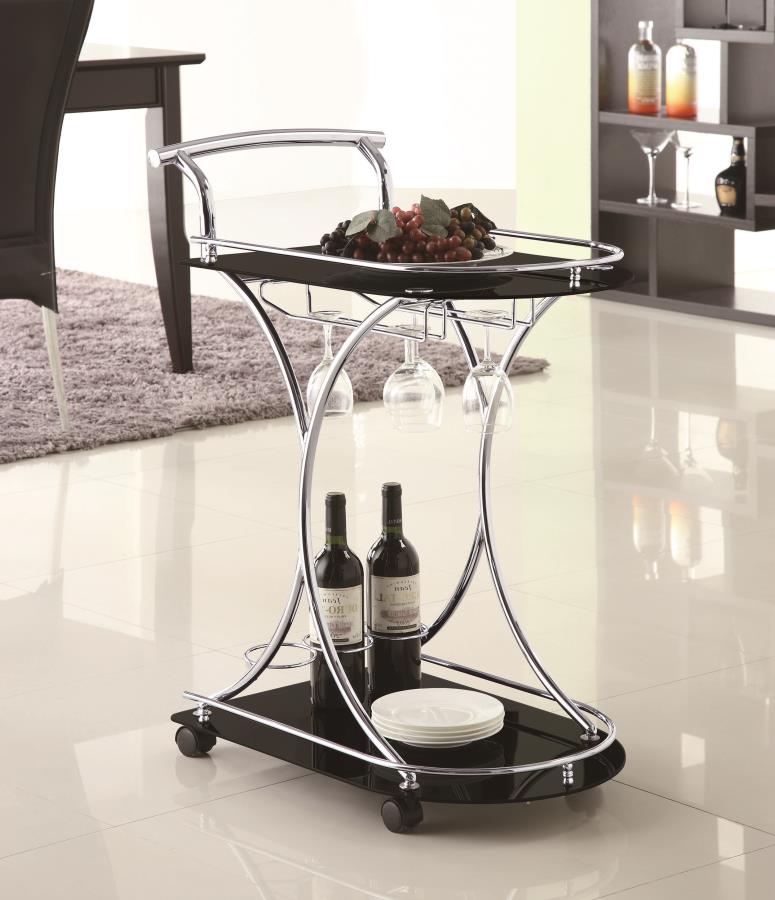 Elfman 2-tier Glass Shelf Metal Bar Cart Black and Chrome-2