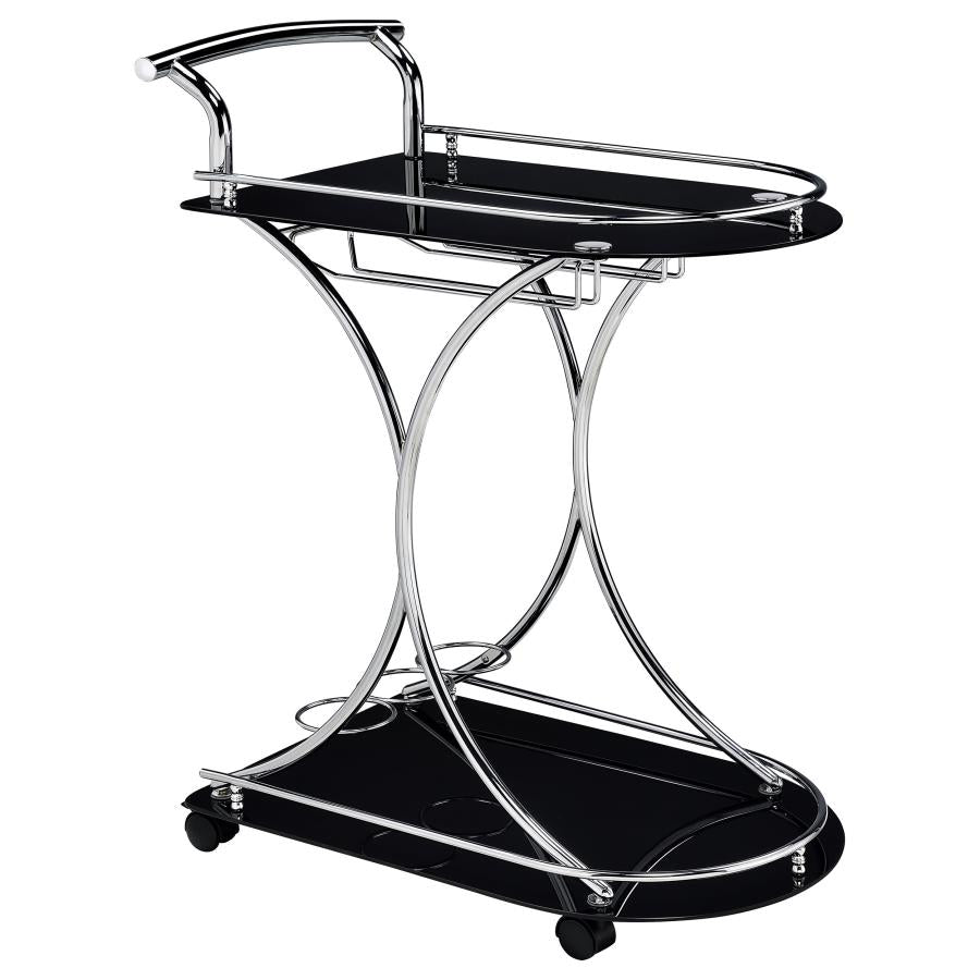 Elfman 2-tier Glass Shelf Metal Bar Cart Black and Chrome-1
