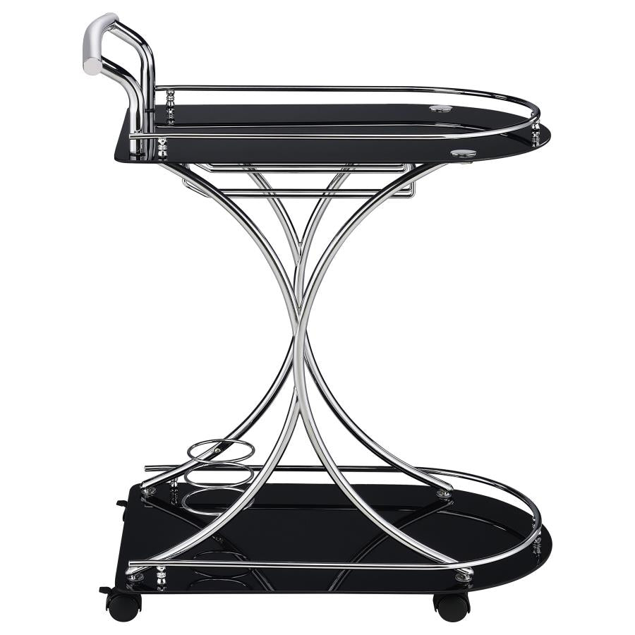 Elfman 2-tier Glass Shelf Metal Bar Cart Black and Chrome-9
