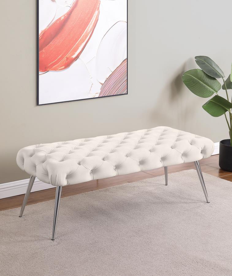 Ella Upholstered Tufted Bench Stainless Steel Legs Ivory-zoom-2