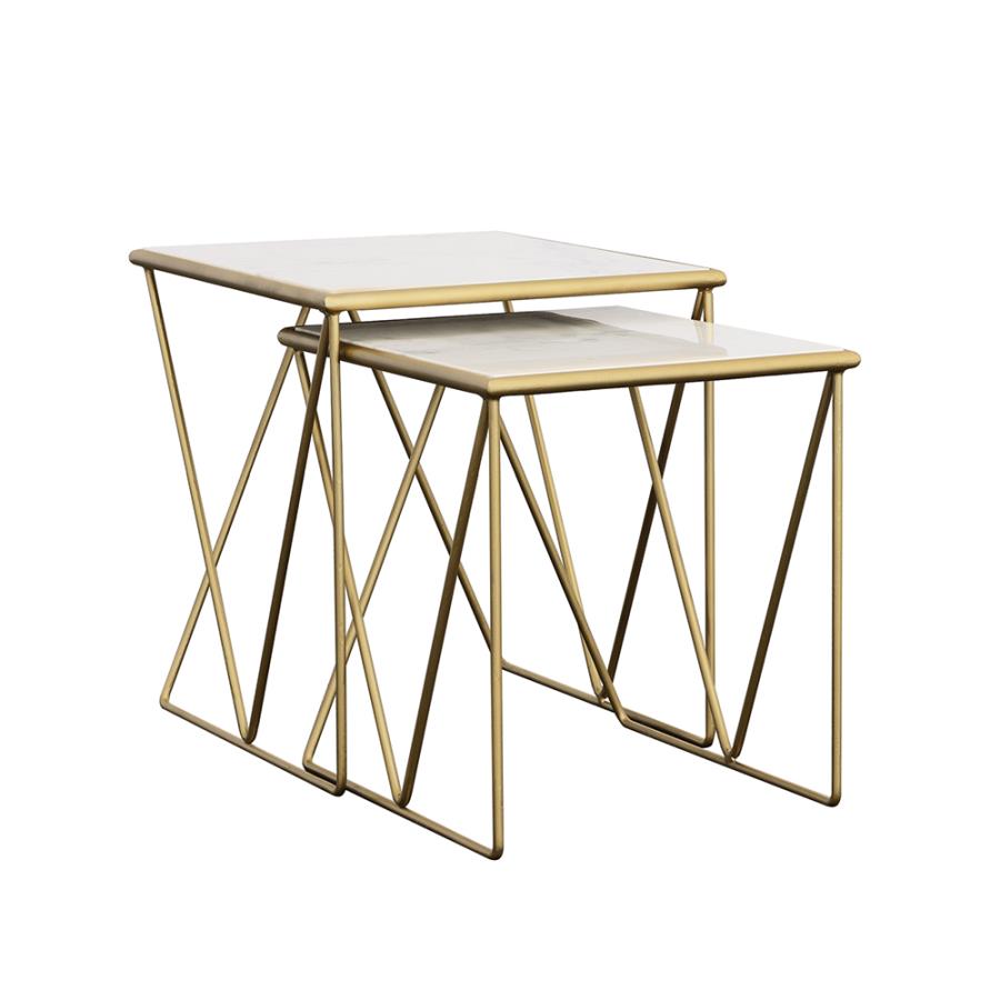 Bette 2-piece Marble Top Nesting Table Set White and Gold-zoom-1