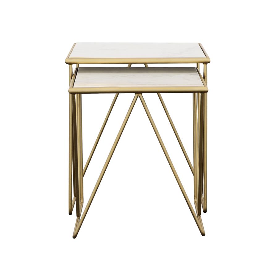 Bette 2-piece Marble Top Nesting Table Set White and Gold-3