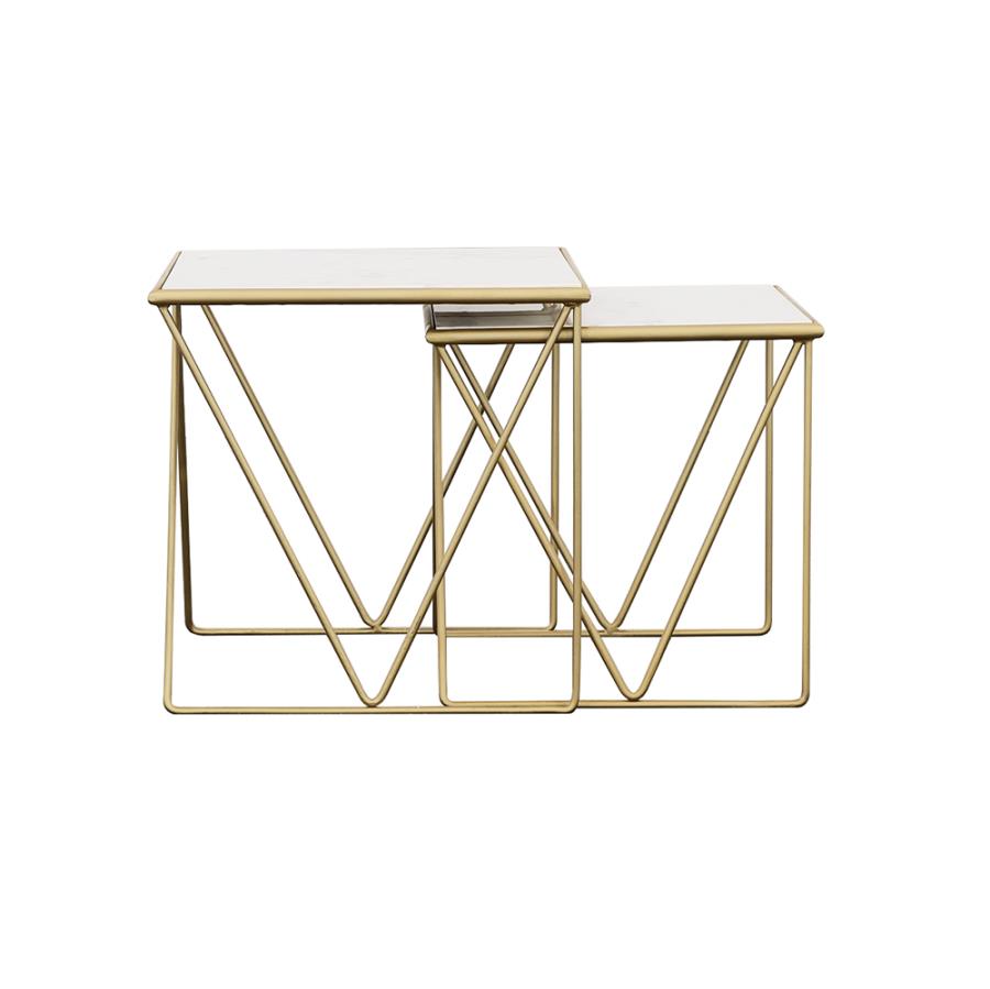 Bette 2-piece Marble Top Nesting Table Set White and Gold-5