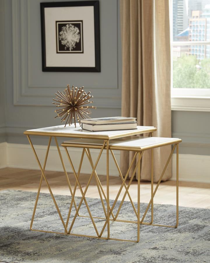 Bette 2-piece Marble Top Nesting Table Set White and Gold-zoom-2