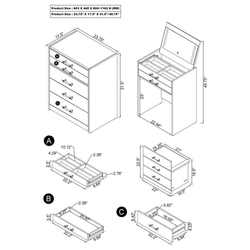 Danbury 3-drawer Makeup Vanity & Stool Set White High Gloss-zoom-