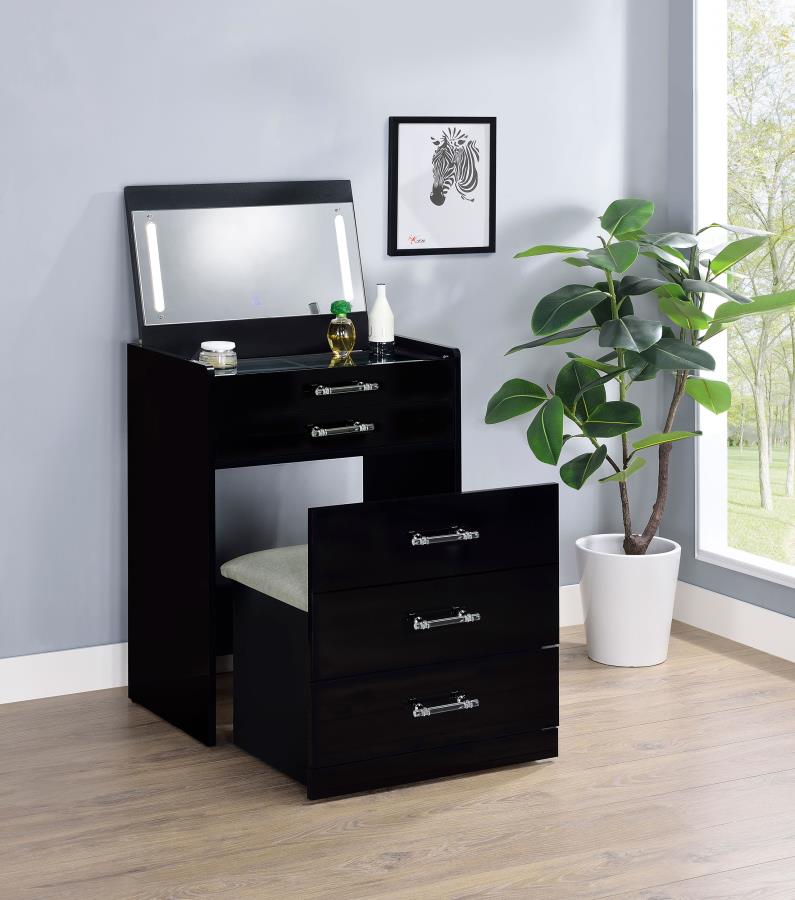 Danbury 3-drawer Makeup Vanity & Stool Set Black High Gloss-zoom-