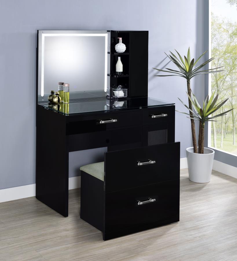 Flora 2-drawer Vanity Set with LED Mirror Black High Gloss-zoom-3