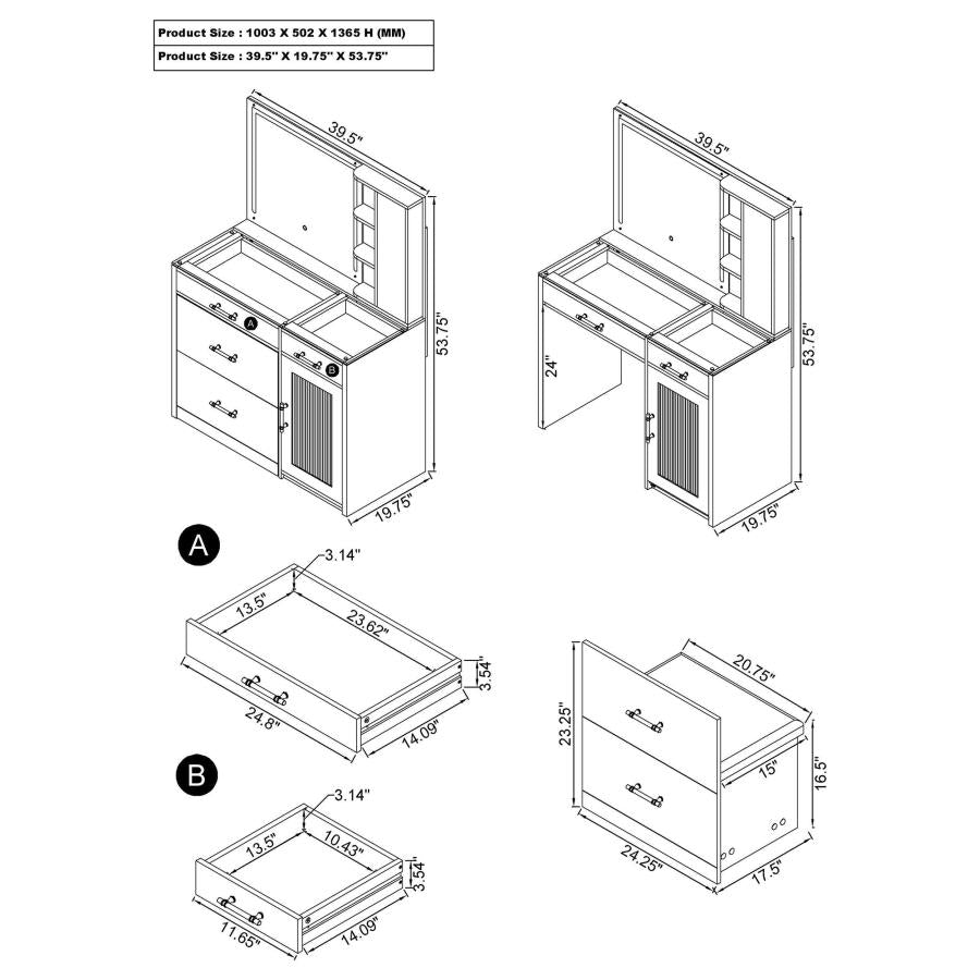 Flora 2-drawer Vanity Set with LED Mirror Black High Gloss-20