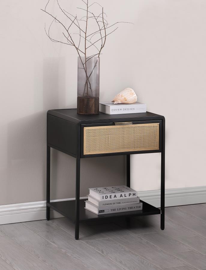 Amherst 1-drawer Radio Weave Cane Metal Bedside Table Black-2