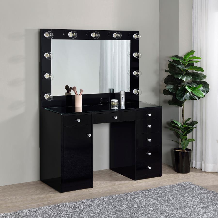 Acena 7-drawer Vanity Set with Lighting Black High Gloss-zoom-2