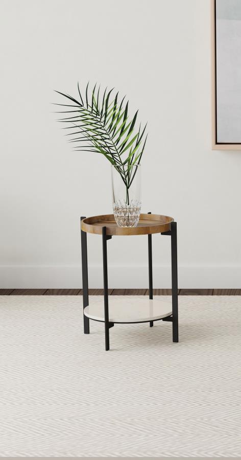 Adhvik Round End Side Table Marble Shelf Natural and Black-zoom-