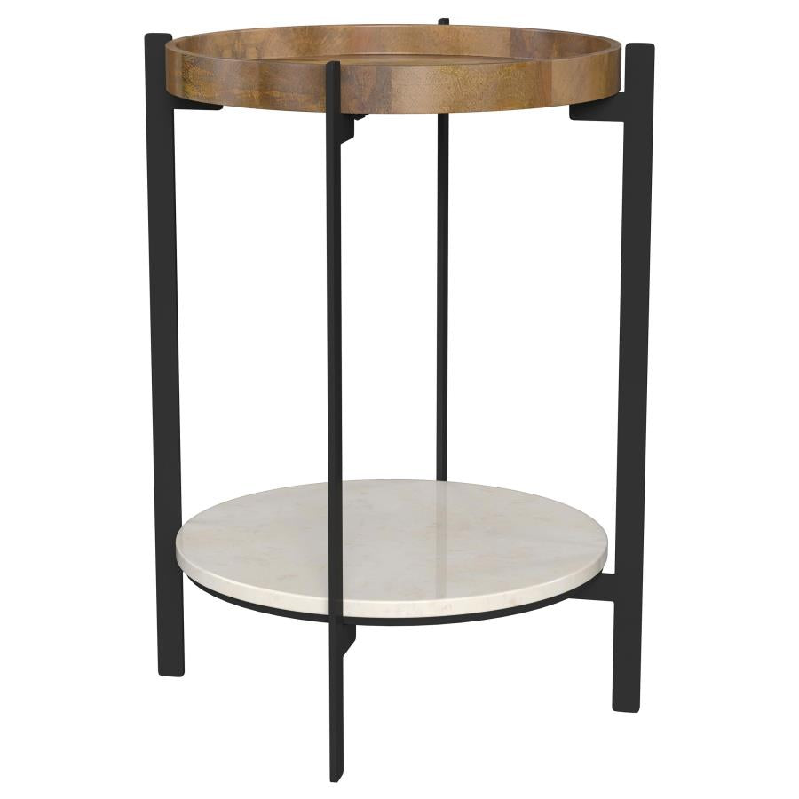 Adhvik Round End Side Table Marble Shelf Natural and Black-zoom-1