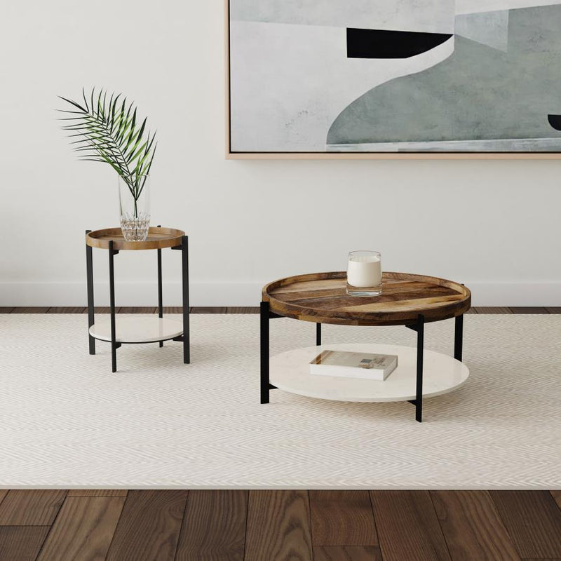 Adhvik Round End Side Table Marble Shelf Natural and Black-zoom-