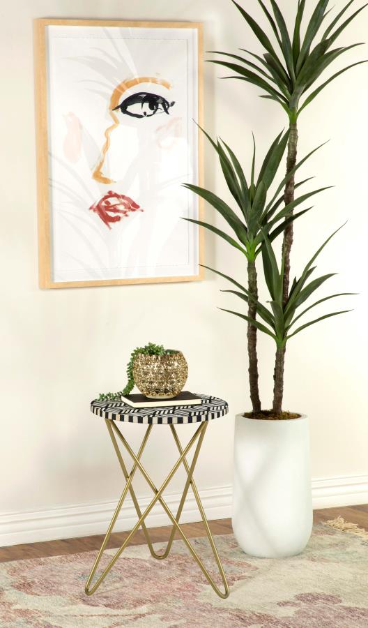 Xenia Round Bone Inlay Accent Side Table White and Gold-2