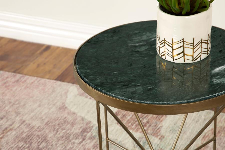Eliska Round Green Marble Top Accent Side Table Antique Gold-5