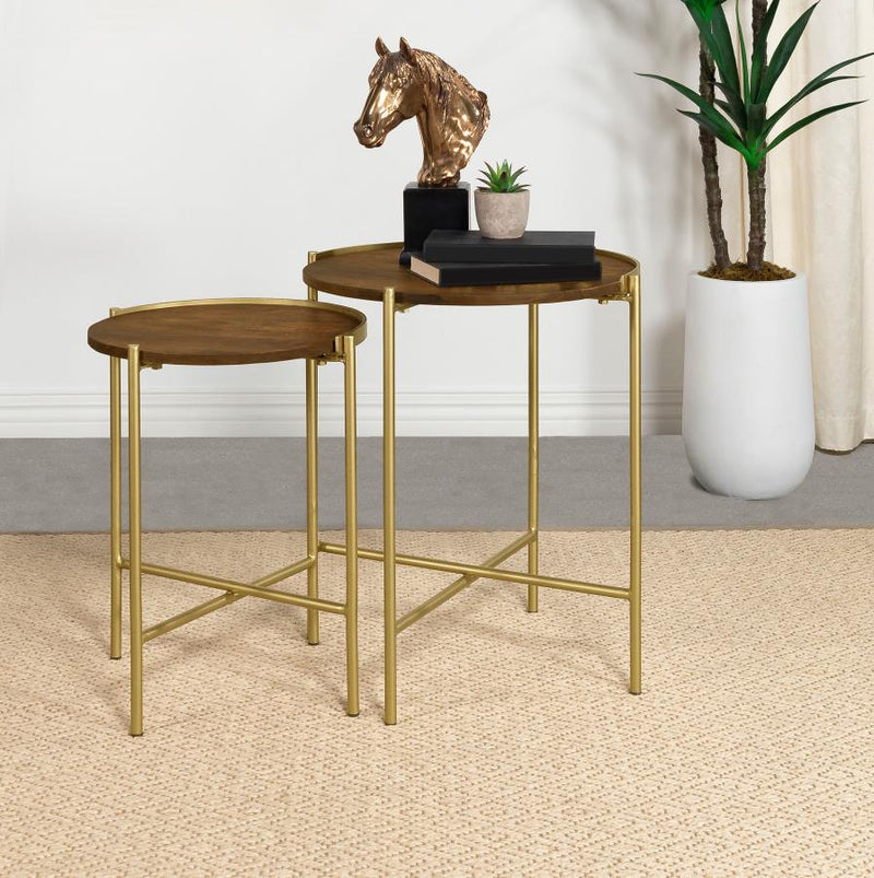 Malka 2-piece Round Wood Nesting Table Dark Brown and Gold-zoom-