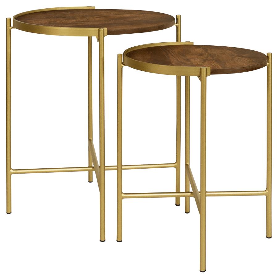 Malka 2-piece Round Wood Nesting Table Dark Brown and Gold-zoom-1