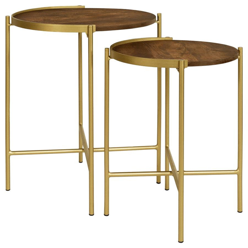 Malka 2-piece Round Wood Nesting Table Dark Brown and Gold-zoom-