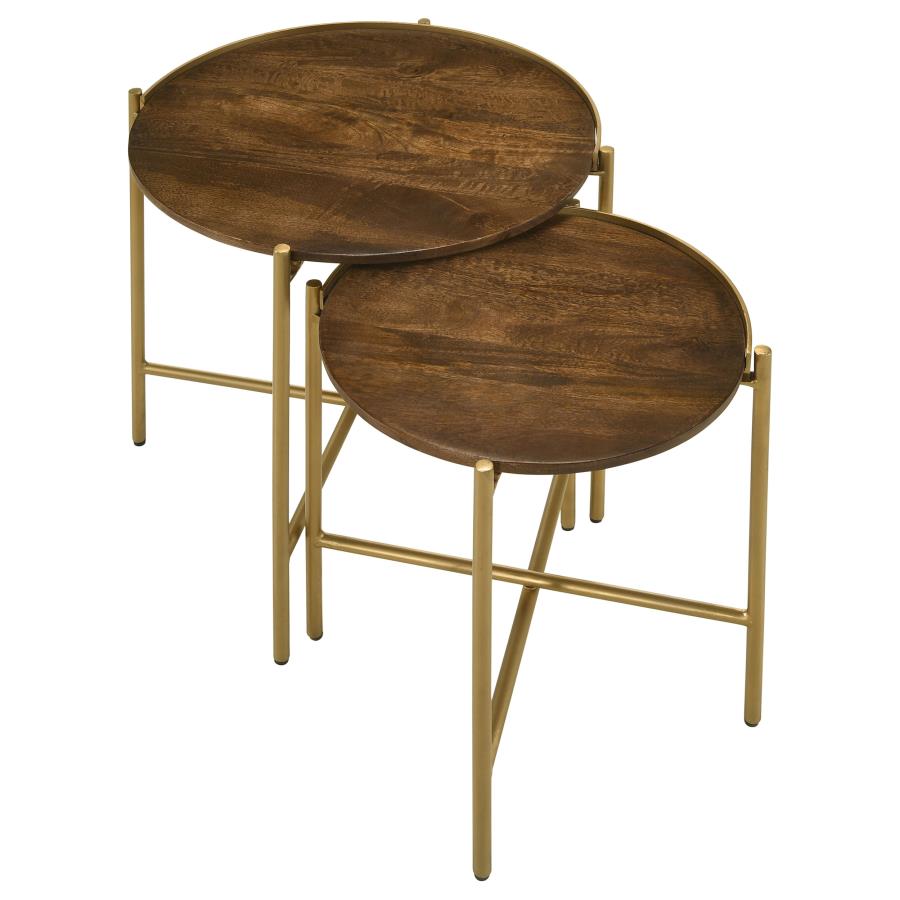 Malka 2-piece Round Wood Nesting Table Dark Brown and Gold-3