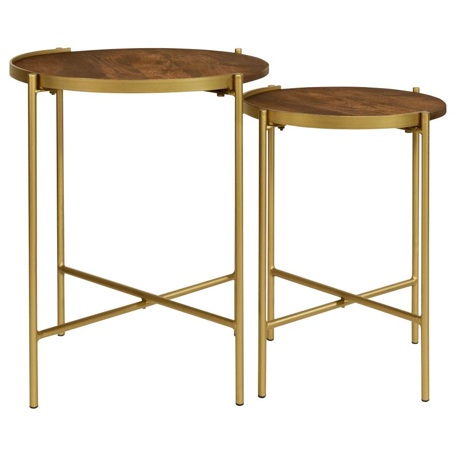 Malka 2-piece Round Wood Nesting Table Dark Brown and Gold-zoom-4