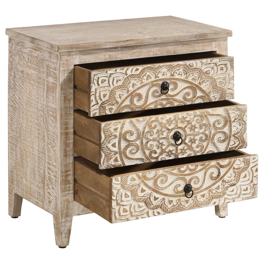 Mariska 3-drawer Wood Mandala Cabinet Distressed White-zoom-3