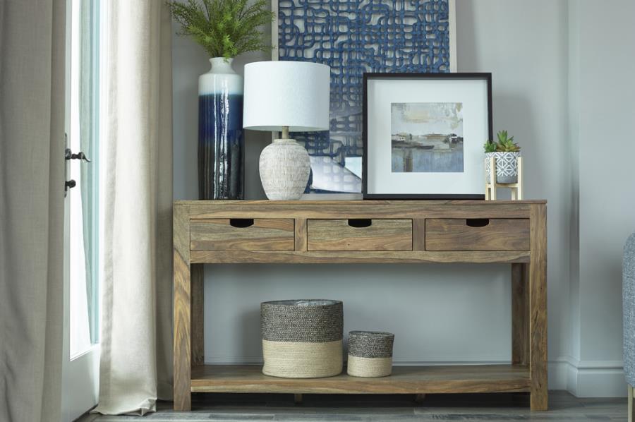 Esther 3-drawer Wood Console Table Natural Sheesham – Living Room | Lusso Furniture Miami