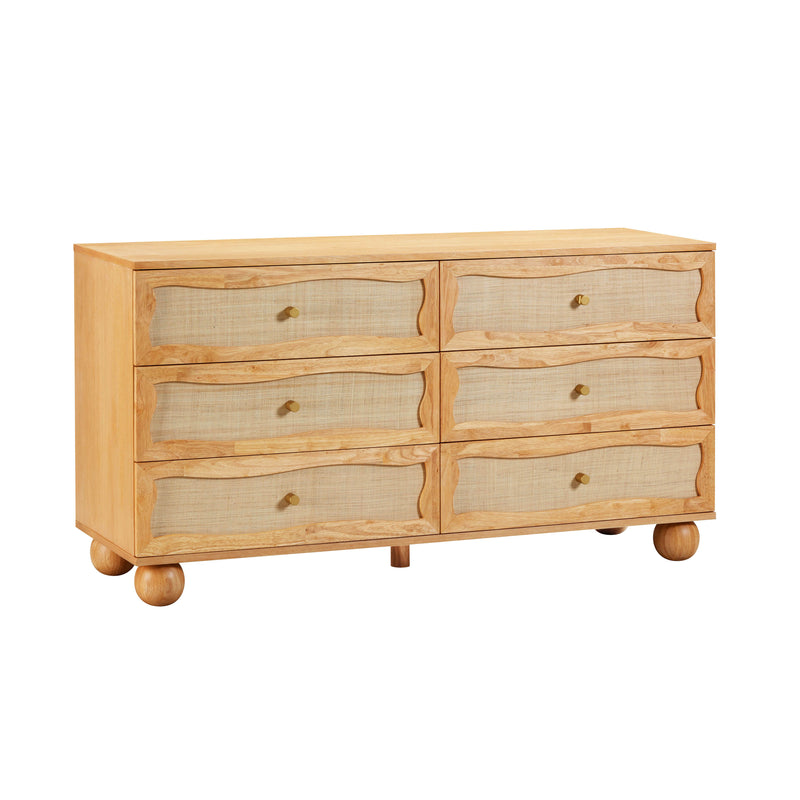 Grappa 62" Natural Wood & Raffia Wavy 6-Drawer Dresser-zoom-