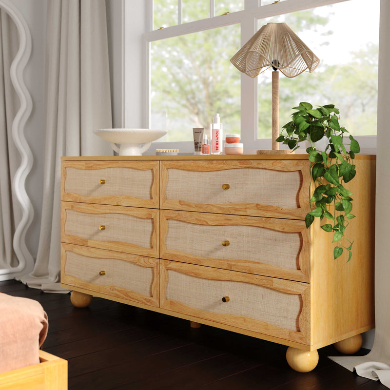 Grappa 62" Natural Wood & Raffia Wavy 6-Drawer Dresser-zoom-