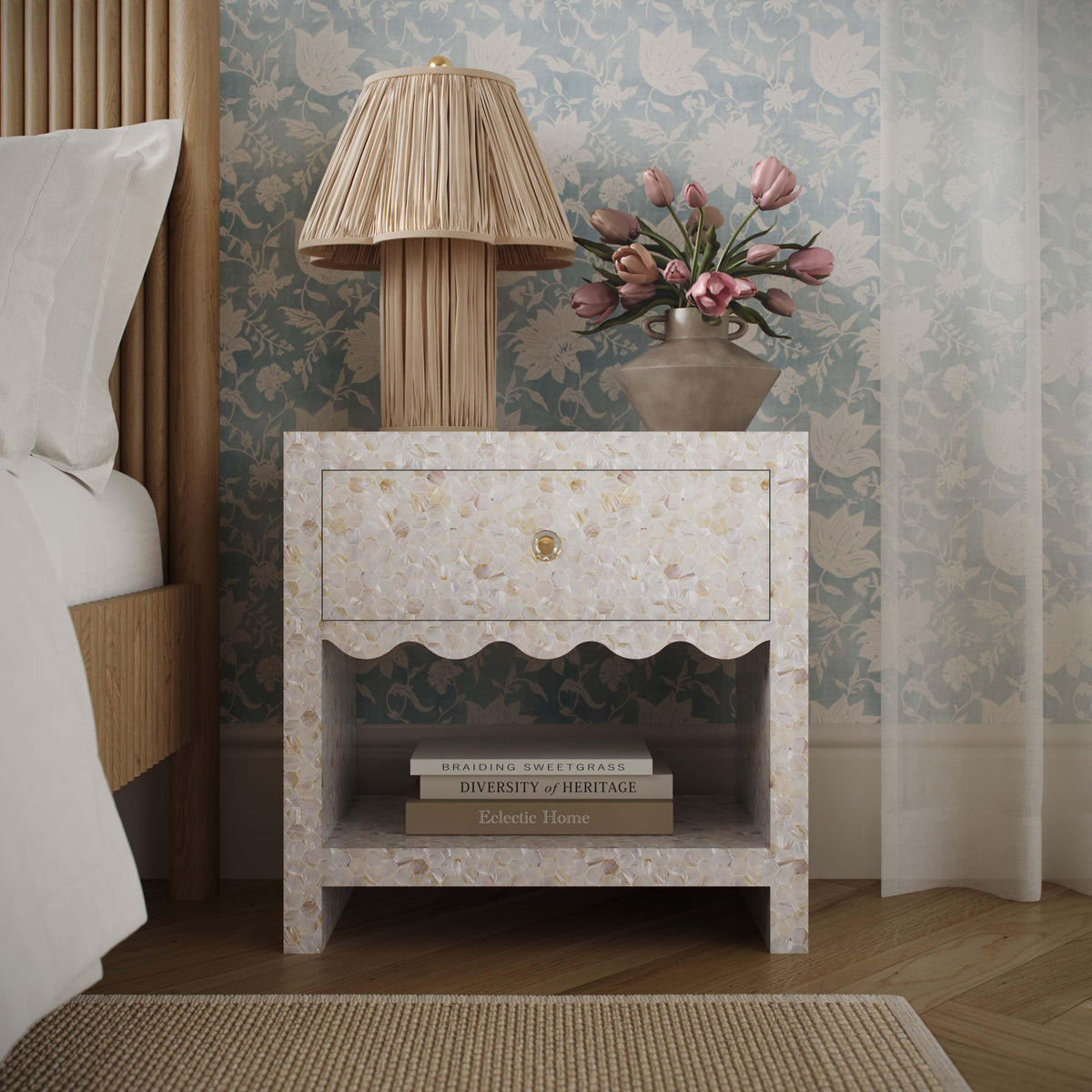 Piara 22" Natural Mother of Pearl Inlaid Nightstand With Drawer