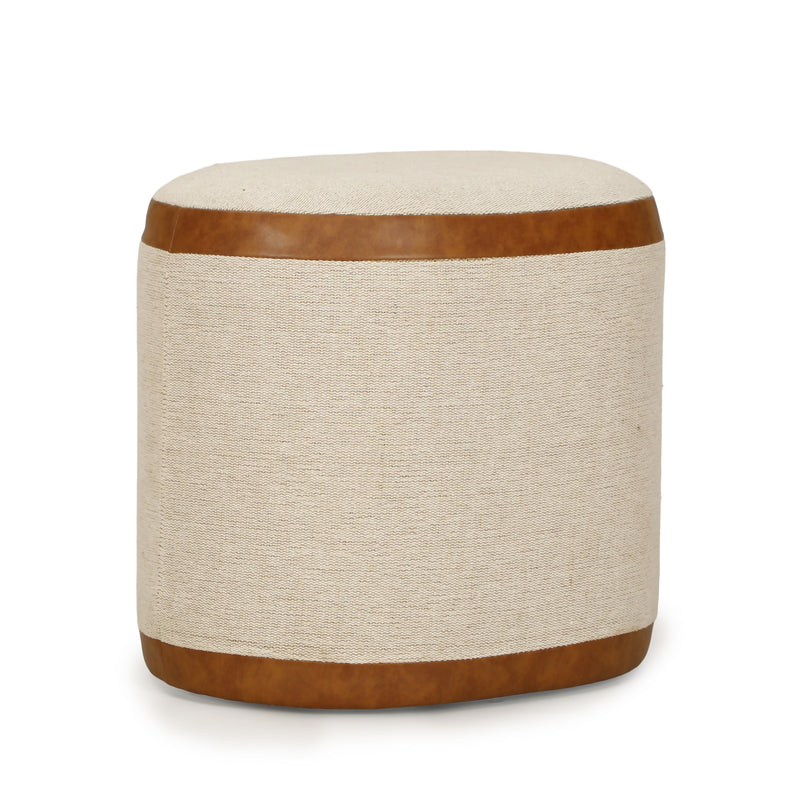 Huche Cotton Jute and Vegan Leather Oval Contract-Grade Pouf-zoom-