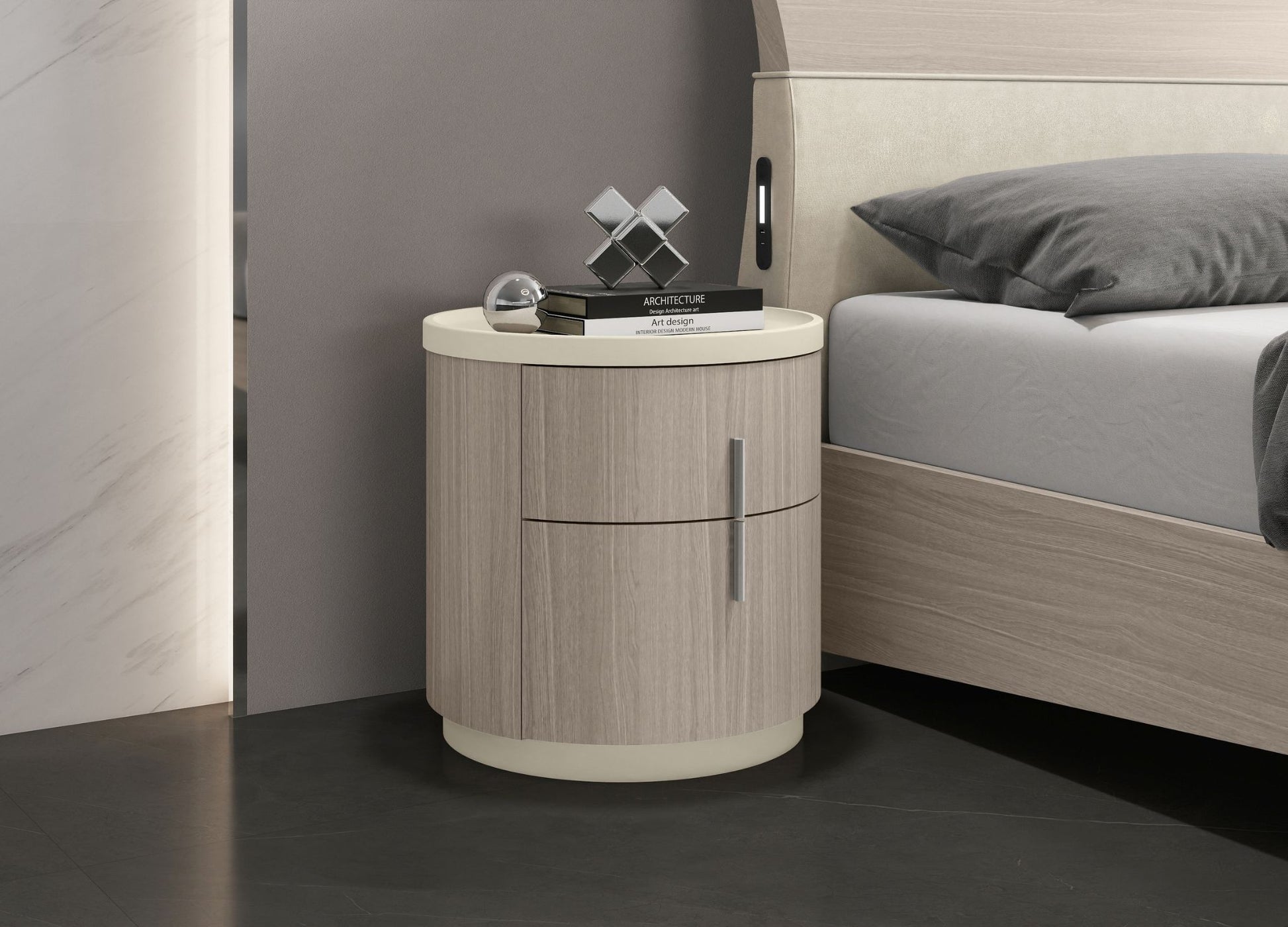 Celine Nightstand – White Oak Veneer & Beige Lacquer-1