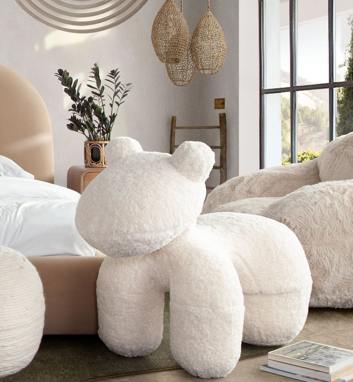 Bailey Faux Sheepskin Animal Bench – Cream Faux Sheepskin – front view – Lusso Furniture Miami